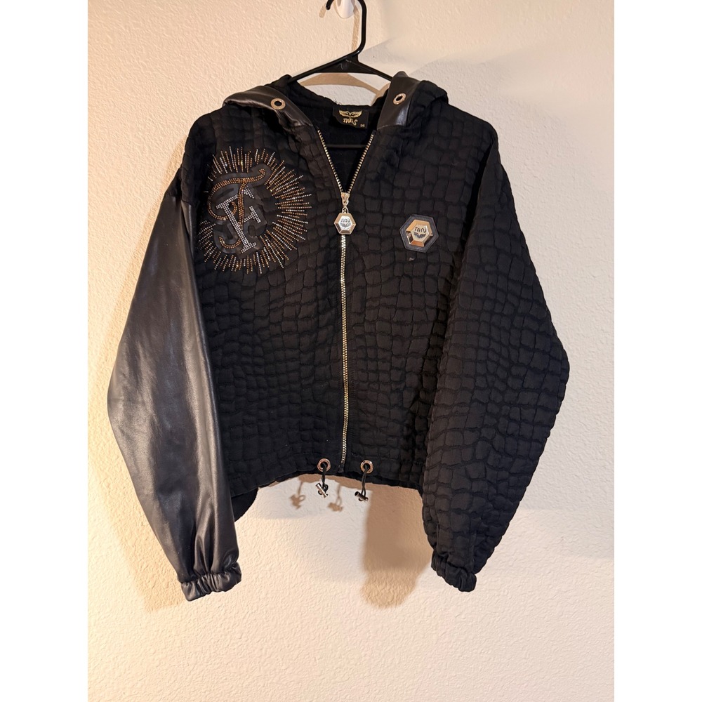 TATU Turkey Black Croc Embossed Rhinestone Leather Hooded Bomber Jacket 36 US 2